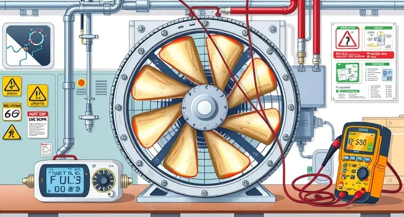 A detailed technical illustration of a high-voltage cooling fan in an industrial or electrical system, showing the fan assembly with blades, motor, housing, and wiring, with visible signs of malfunction such as dust buildup, bent blades, or overheating indicators; include diagnostic tools like a multimeter or thermal camera nearby, set in a clean workshop environment with safety labels and schematic diagrams in the background; no text, letters, or digits visible on any surfaces