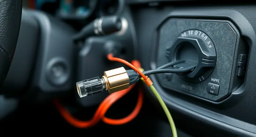 A close-up photograph of a car's ignition switch wiring harness. Focus on the connections and wires related to the input signal circuit. The background should be blurred, showing the interior of the car. The lighting should be bright and even, highlighting the details of the wiring.
