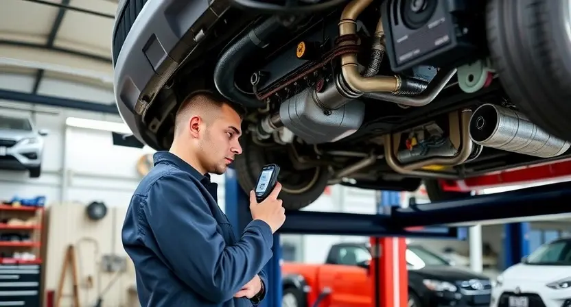 A mechanic is inspecting the engine of a car. The car is raised on a lift in a well-lit garage. The mechanic is wearing a uniform and using a diagnostic tool. Focus on the engine compartment and the mechanic's hands working on it. The background shows tools, spare parts, and other vehicles.