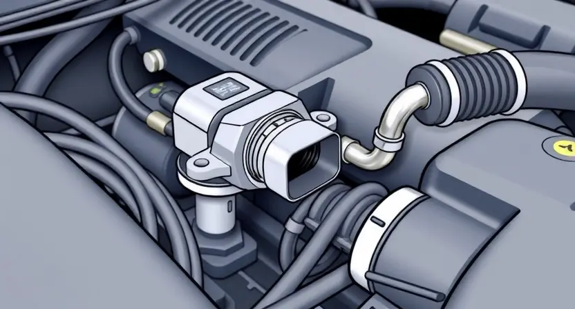 A close-up, detailed illustration of an engine bay with a focus on the mass airflow sensor (MAF sensor). The sensor should be clearly visible, along with associated wiring and intake manifold components. The overall scene should convey a sense of automotive mechanics and diagnostics. The lighting should be bright and even, highlighting the sensor's details.
