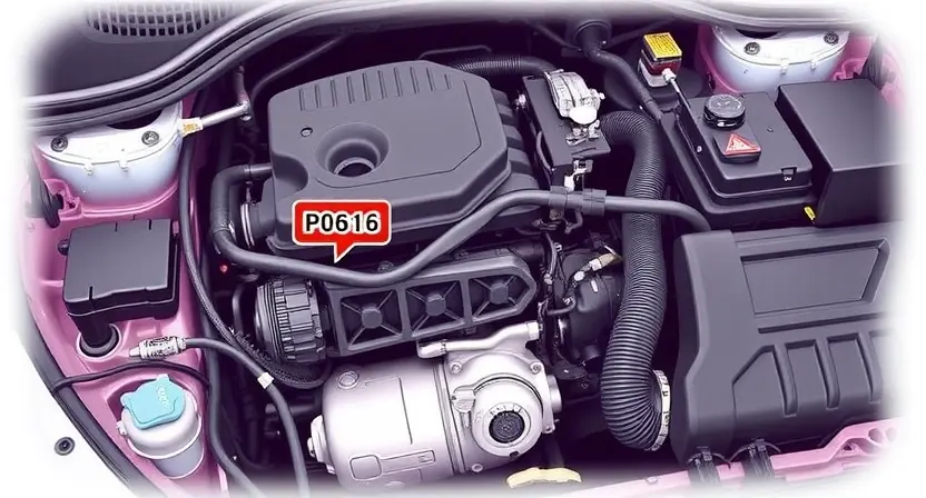 A detailed illustration of a car engine with a highlighted P0616 error code indicator. The engine should be realistically rendered, showing various components like belts, hoses, and sensors. The error code indicator should be clearly visible and illuminated.