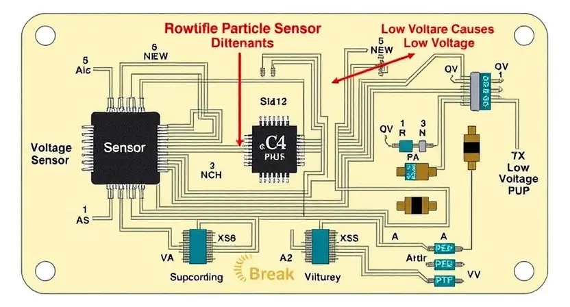 A detailed schematic diagram of a particle sensor circuit board, highlighting the voltage sensor and potential causes of low voltage. Include visual representations of the sensor, voltage regulator, and connection points. Focus on clarity and technical accuracy.