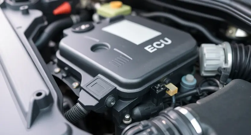 A close-up shot of a car's engine bay, focusing on the engine control unit (ECU) and related sensors. The engine should appear clean and well-maintained. Subtle visual cues indicating a potential issue, such as a slightly loose wire or a sensor with a minor discoloration, could be included without being overly obvious. The overall lighting should be bright and professional, highlighting the components. The background should be blurred to emphasize the engine components.