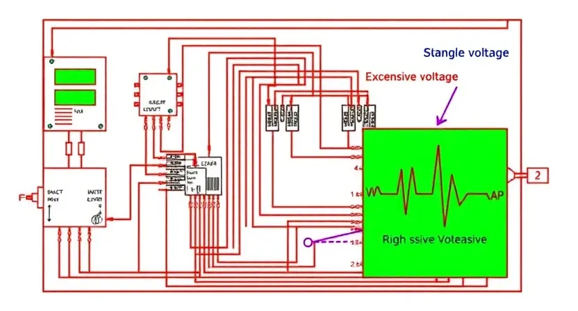 A detailed diagram illustrating an electrical control circuit with a highlighted section showing a signal line with excessive voltage. The diagram should clearly depict components like a control unit, a sensor, and wiring. Focus on visualizing the high signal level within the circuit.