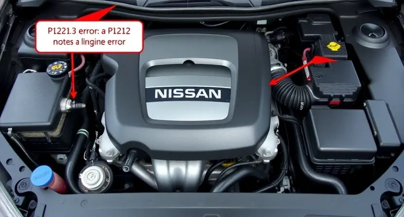 A close-up, detailed shot of a Nissan car engine bay. Focus on the engine components, highlighting the areas potentially related to a P1212 error. The engine should appear clean and well-maintained.