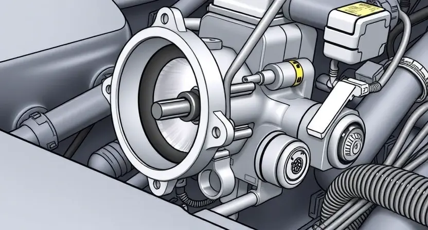A close-up, detailed illustration of a car's throttle body. The throttle body should be clearly visible, showing its internal components like the throttle plate, linkage, and sensors. The image should convey a sense of mechanical precision and functionality. Focus on the physical parts of the throttle body, not any surrounding vehicle elements. The lighting should be even and highlight the details of the components.