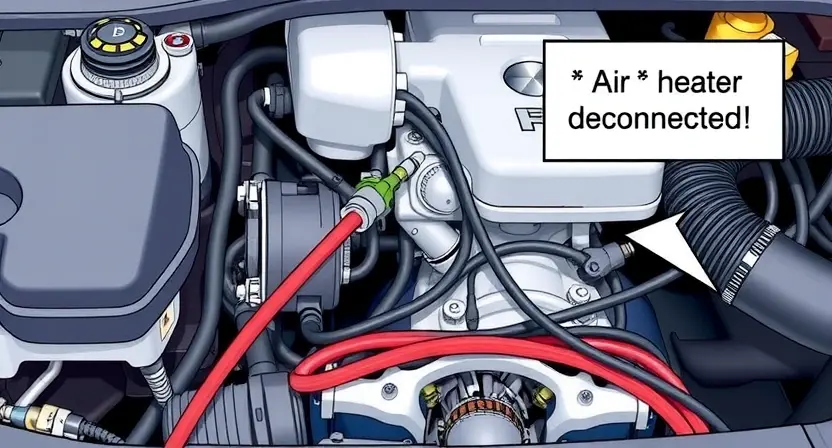 A detailed illustration of a car's engine bay, specifically highlighting the intake air heater and its wiring. The heater should be visibly disconnected, with a broken wire or a severed connection. Focus on the technical aspects of the damage.
