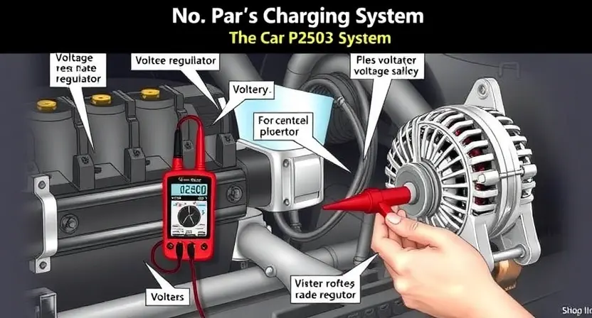 A detailed illustration of a car's charging system, highlighting the components involved in the P2503 error code. Show the battery, alternator, voltage regulator, and wiring connections. Depict a technician using a multimeter to test the voltage and resistance at various points in the system. Include a close-up of the alternator and its connections to emphasize the diagnostic process.