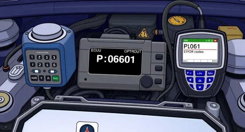 A detailed illustration of a car's engine control unit (ECU) with diagnostic tools connected, highlighting the P0601 error code displayed on a screen. The background should be a workshop environment with various automotive parts visible.