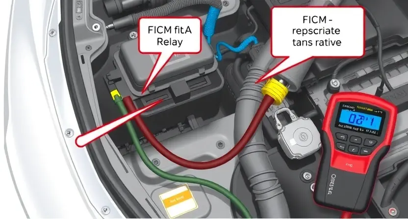 A detailed illustration of a car's electrical system, focusing on the FICM relay and its associated wiring. The image should clearly show the relay, wiring harness, and diagnostic tools. The background should be a clean, technical environment.