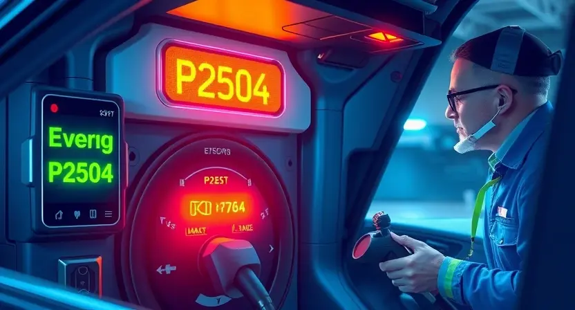 A high-voltage charging system in an electric vehicle with glowing warning lights, a digital dashboard displaying error code P2504, and a mechanic inspecting the battery under a bright garage light, realistic technical illustration