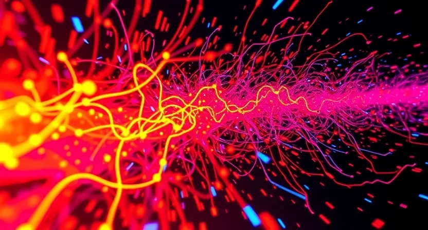 Abstract representation of signal distortion. Visualize a vibrant, chaotic flow of energy deviating from a clear, defined path. Use contrasting colors to highlight the 'out of range' aspect. Focus on dynamic lines and shapes suggesting instability and disruption.