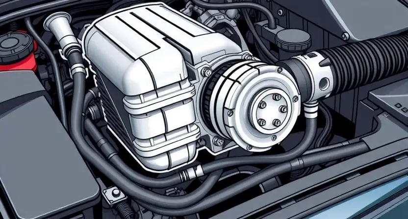 A detailed illustration of a car's engine bay with a focus on the cooling system. Show a close-up of the electric water pump, highlighting any potential issues or damage. Include hoses, radiator, and other relevant components. The overall scene should convey a sense of technical inspection and potential problem identification.