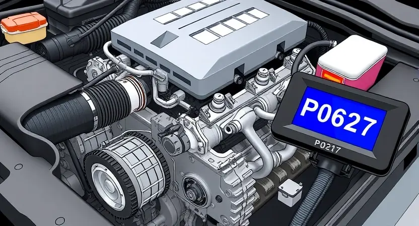 A detailed illustration of a car engine with the P0627 error code highlighted. The engine should be realistically depicted, showcasing various components like the camshaft, crankshaft, and sensors. The P0627 code should be clearly displayed on a digital display near the engine, with accompanying visual cues indicating the issue (e.g., a warning light).