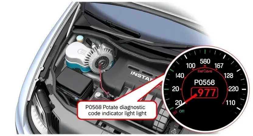 A detailed illustration of a car's engine bay, specifically highlighting the P0568 diagnostic code indicator light. The image should show the light illuminated and a close-up of the dashboard displaying the error code. The engine should be partially visible, showing key components like the alternator, battery, and intake manifold. Focus on clarity and technical accuracy.