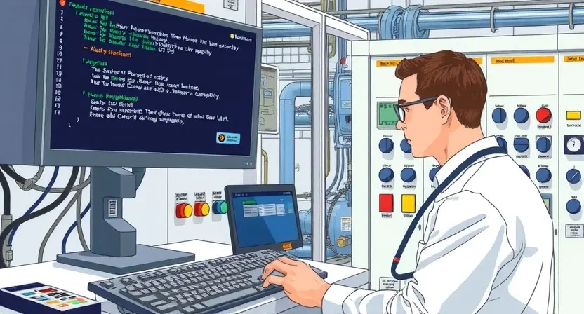 A detailed illustration of a technician diagnosing software version incompatibility between control units. The scene should include a computer screen displaying error codes, a technician with diagnostic tools, and a control panel with various modules. The setting should be a modern industrial or technical environment with clean, well-lit surroundings.