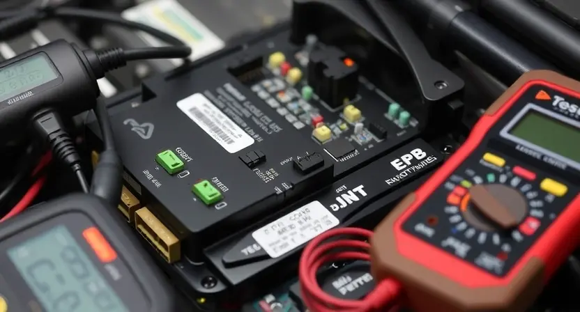 A close-up, detailed image of an electronic control unit (ECU) for an Electronic Parking Brake (EPB) system. The ECU should be surrounded by various diagnostic tools like a scan tool connected via a cable, and possibly a multimeter. Focus on the connectors, circuit boards, and any visible indicators or lights on the ECU. The background should be a clean, well-lit automotive repair environment.