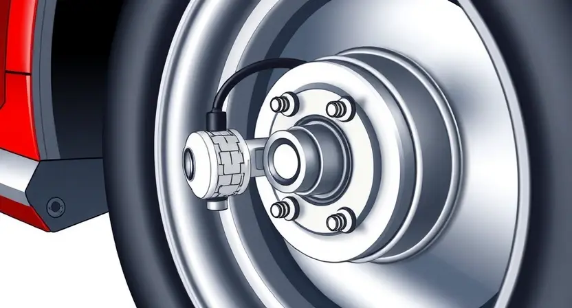 A close-up, detailed illustration of a car's wheel well, focusing on the wheel speed sensor. The sensor should be clearly visible, connected to the wheel hub. Include a portion of the tire and brake rotor for context. The overall lighting should be bright and even, highlighting the sensor's components.