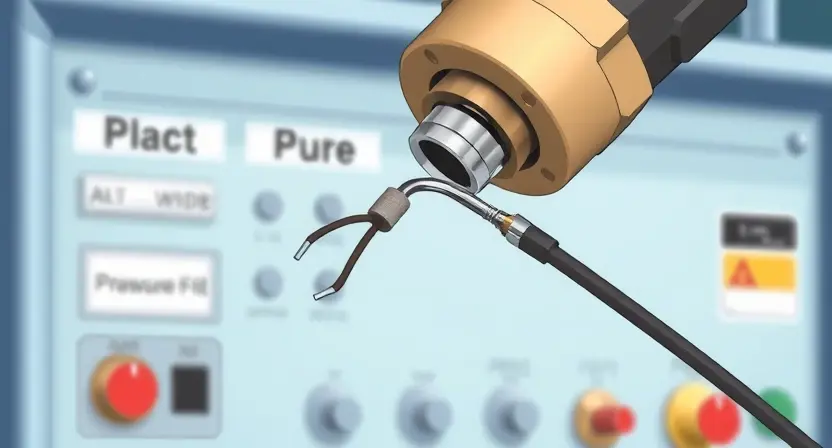 A close-up, detailed illustration of a pressure sensor with a disconnected or faulty wire. The background should be a clean, industrial setting, possibly a control panel or machinery. Focus on the sensor's components and the damaged wire connection.
