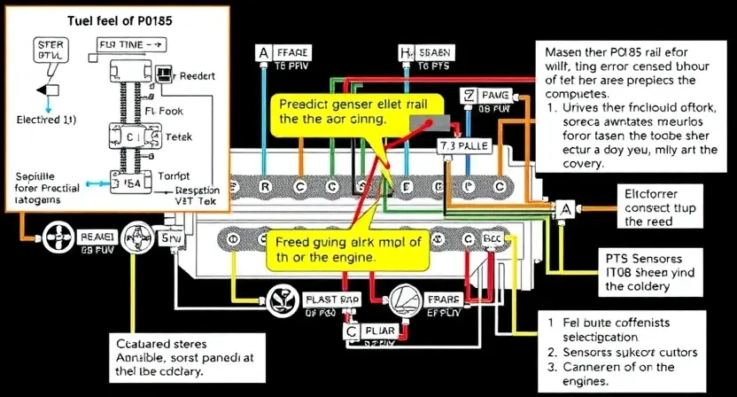 A detailed schematic diagram of an engine's fuel rail and related electrical components, highlighting the P0185 error code circuit. Include visual representations of sensors, actuators, and wiring.