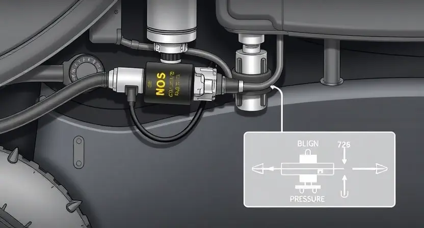 A detailed illustration of a vehicle's air suspension system, highlighting the pressure sensor and its connection to the pneumatic lines. Show the sensor's physical appearance and its placement within the system. Include a simplified diagram indicating the flow of air and pressure readings. Focus on the sensor's role in monitoring and regulating the suspension's height and ride quality.