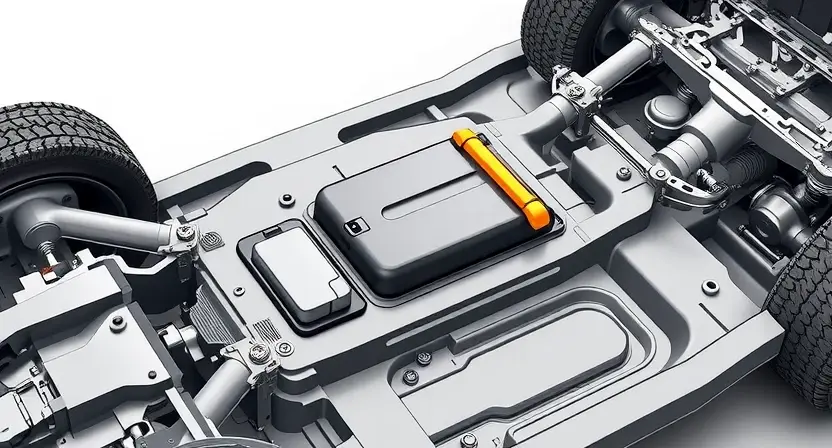 A detailed illustration of a car's chassis with a highlighted sensor. The sensor should be clearly visible, and the surrounding components of the chassis should be realistically depicted. Focus on the area where the body position sensor is typically located. The image should convey a sense of technical accuracy and clarity.