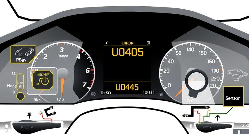 A high-quality technical illustration showing a modern car dashboard with cruise control indicator light illuminated, displaying an error code U0405 on a digital display, surrounded by schematic diagrams of wiring and sensor components, clean white background, professional engineering illustration style