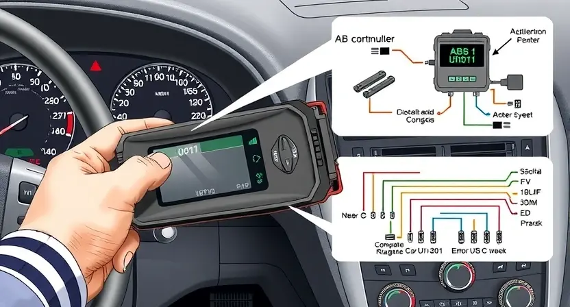 A detailed technical illustration showing a vehicle's ABS control module with a warning light on the dashboard, a mechanic's hand holding a diagnostic scanner displaying error code U0121, and a schematic diagram of wiring connections between the ABS module and other components, all rendered in a clean, high-quality technical drawing style
