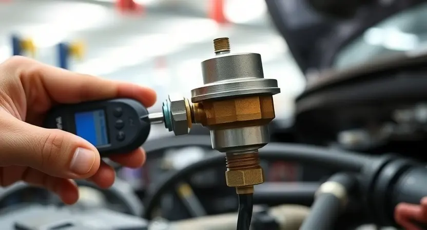 A close-up, detailed image of a fuel pressure regulator being inspected. The regulator should be clearly visible, showing its components and connections. A mechanic's hand is gently holding a diagnostic tool near the regulator. The background should be a clean, well-lit automotive repair shop environment. Focus on the precision and technical aspects of the inspection.
