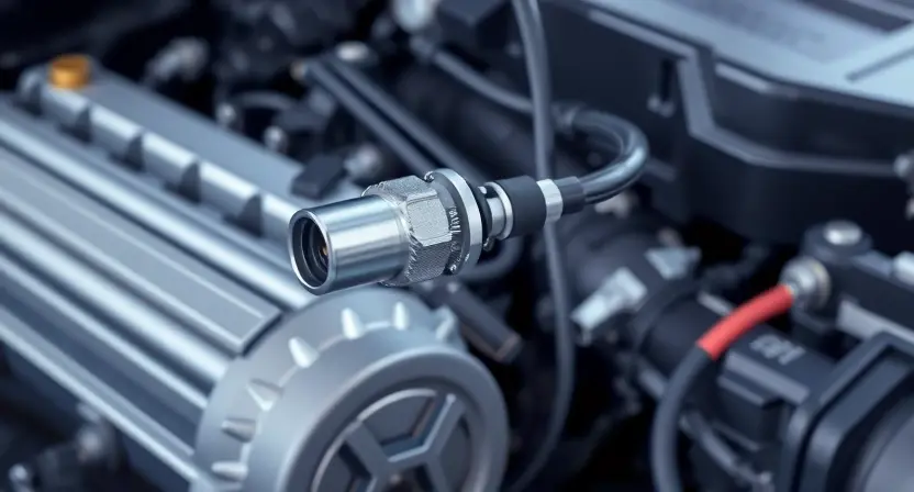 A close-up, detailed illustration of a car engine bay, focusing on the oxygen sensor and associated wiring. The sensor should be clearly visible, along with the wiring harness connected to it. The background should show other engine components, but blurred to keep the focus on the sensor. The overall lighting should be bright and even, highlighting the details of the sensor and wiring.