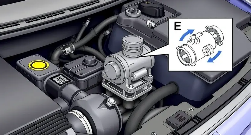 A detailed illustration of a car's engine compartment, focusing on the solenoid valve (E) and its associated components. The solenoid valve should appear slightly stuck or jammed, with visible signs of malfunction. Include diagrams or visual cues indicating a potential blockage or mechanical issue within the solenoid. The overall scene should convey a sense of technical inspection and potential repair.