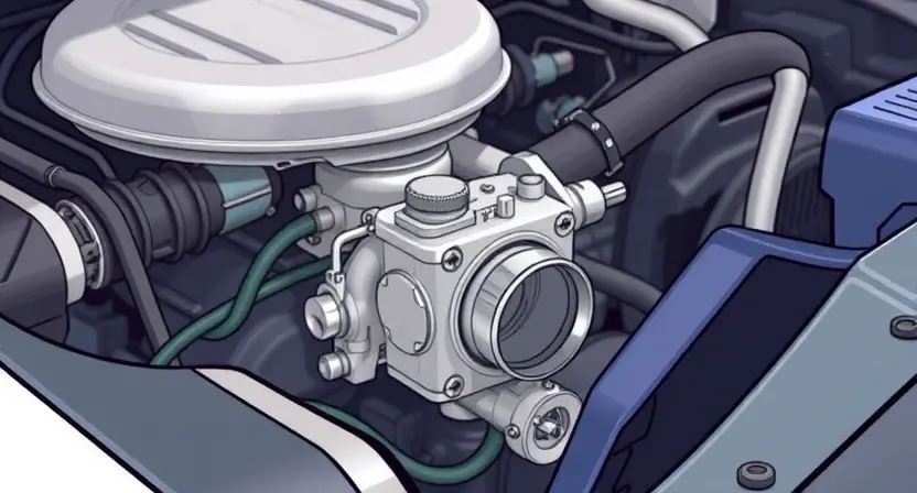 A close-up, detailed illustration of a car's engine bay, focusing on the throttle body and associated wiring. The engine should appear clean and well-maintained. Highlight the throttle body with a subtle glow or outline to draw attention. The background should be slightly blurred to emphasize the engine components.