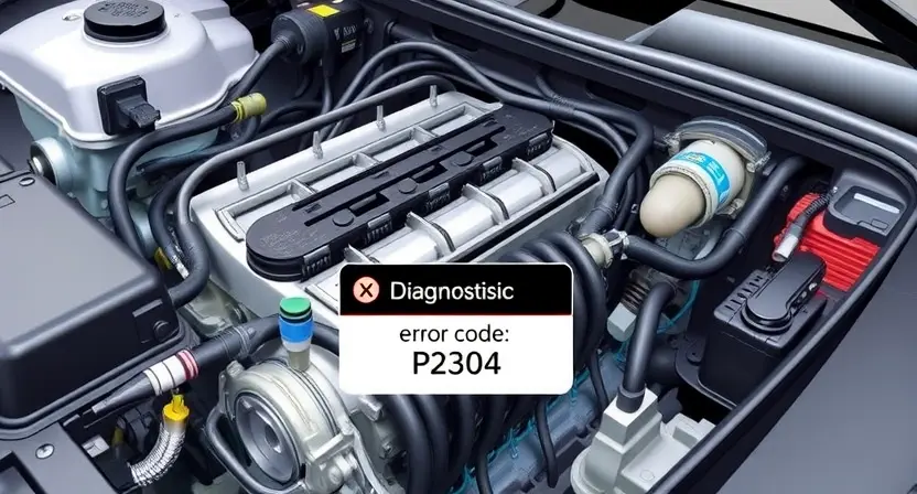A high-quality technical illustration showing a car engine with visible ignition system components, including spark plugs, ignition coils, and wiring harnesses, with a diagnostic overlay highlighting error code P2304 in a clear, professional style