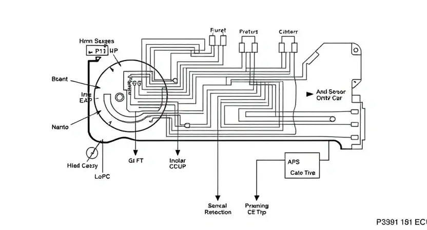 A detailed schematic diagram of a car's engine control unit (ECU) with a highlighted section indicating the P3191 error code. The diagram should show various components like sensors, actuators, and wiring connections. Focus on clarity and technical accuracy. The background should be a clean, neutral color.