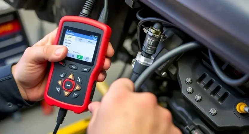 A technician using a diagnostic tool to check a differential sensor in a vehicle. The sensor is clearly visible, connected to wiring. The background shows a garage or workshop environment with tools and equipment. Focus on the sensor and the diagnostic tool interface.