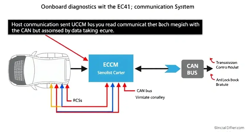 A detailed diagram illustrating a vehicle's onboard diagnostics system, specifically highlighting the U0141 error code related to lost communication with the ECM (Engine Control Module). The diagram should show the ECM, the CAN bus, and other relevant vehicle systems (e.g., transmission control module, anti-lock braking system) with arrows indicating data flow. Use color-coding to differentiate between different systems. Focus on clarity and technical accuracy.