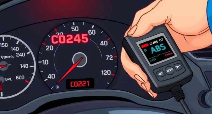 A technical illustration showing an automotive anti-lock braking system (ABS) warning light on a car dashboard with a red error code C0245 displayed prominently, accompanied by a mechanic's hand holding a diagnostic scanner tool, clean technical diagram style with labeled components like sensors and hydraulic unit, high detail, professional automotive repair manual illustration