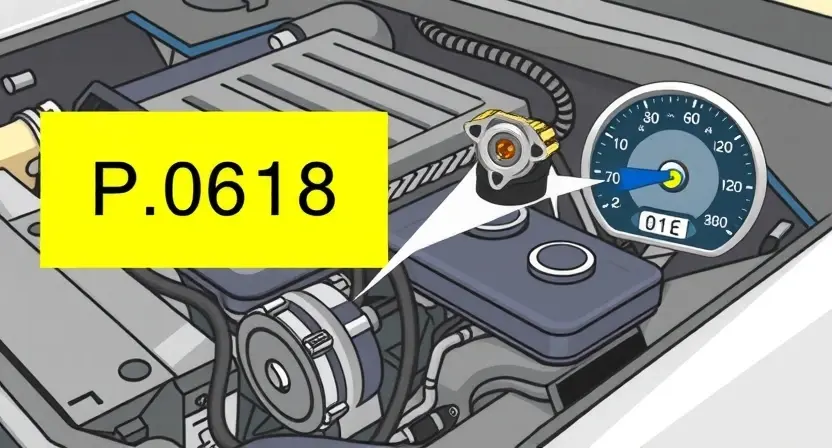 A detailed illustration of a car engine with a highlighted P0618 error code displayed on a dashboard. The engine should be realistically rendered, showing various components like belts, hoses, and sensors. The dashboard should clearly show the error code in a readable font.