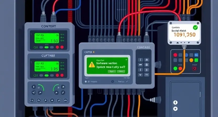 A detailed technical illustration showing a system with multiple control units connected together. The control units should be depicted with different software versions, highlighted by varying colors or labels. The image should include a visual representation of an error code appearing on one of the units, indicating the incompatibility issue. The overall scene should convey the impact of this incompatibility on the system's performance, with some units functioning normally while others are affe