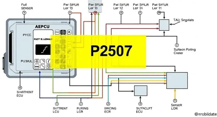 A detailed schematic diagram of a car's engine control unit (ECU) with a highlighted section indicating the P2507 error code. The diagram should show the relevant sensors and components involved in the error. Focus on clarity and technical accuracy.