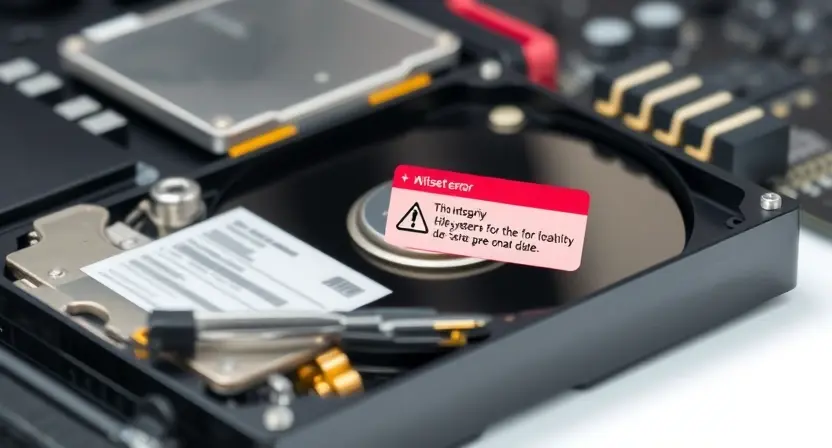 A clean, organized computer hard drive with a highlighted area showing a file system error warning. The background should be a blurred representation of a computer's internal components. Focus on the visual representation of data integrity and potential issues.