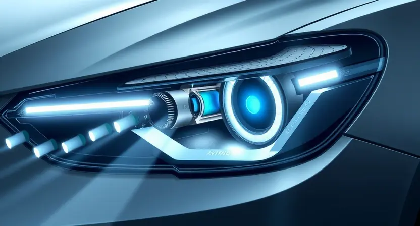 A detailed illustration of a car's adaptive lighting system, focusing on the right headlight assembly. The image should depict the internal mechanisms, including the motor controlling the headlight rotation, sensors, and wiring. The lighting should be realistic, showcasing the functionality of the system.