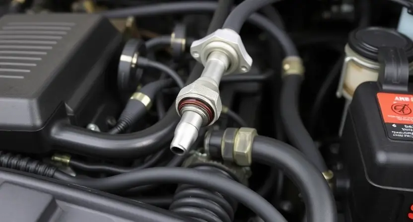 A close-up of a car engine bay with a focus on the engine coolant temperature sensor. The sensor should be clearly visible, along with surrounding hoses and components. The engine should appear clean and well-maintained.