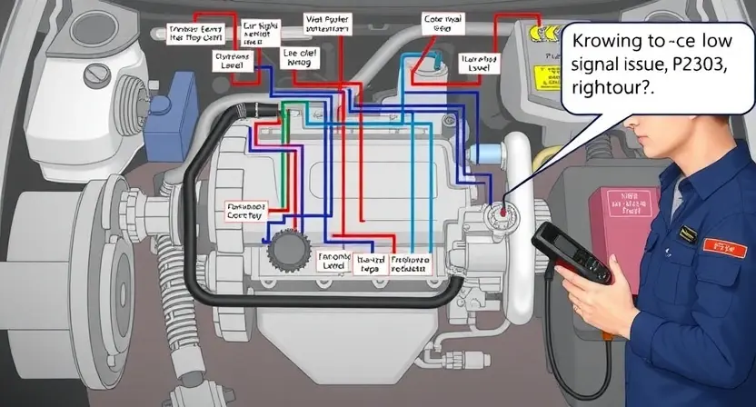 A detailed illustration of an automotive engine control system with a focus on the primary control circuit. Show the wiring diagram with clear labels for components such as the control unit, sensors, and actuators. Highlight the area where the low signal level issue (P2303 error) might occur, using visual cues like a dim light or a faded signal line. Include a technician using a diagnostic tool to identify the problem.