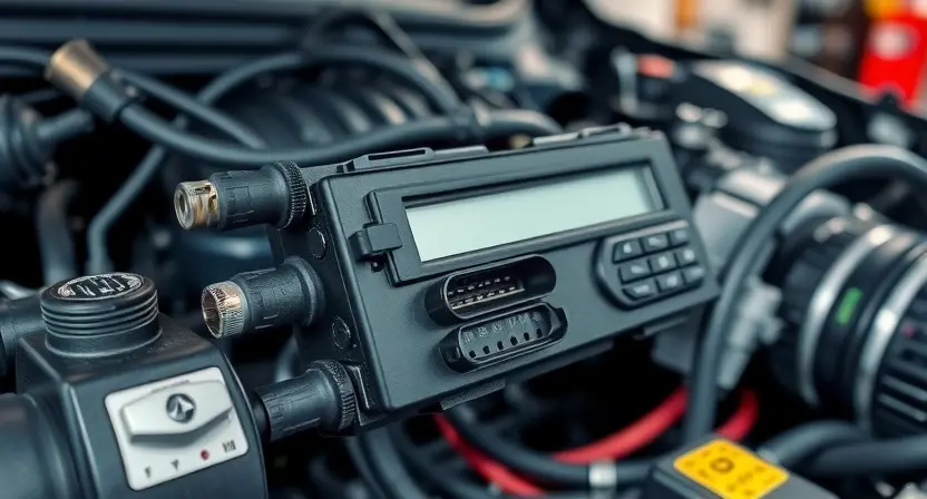 A close-up, detailed illustration of a car's engine control unit (ECU) with highlighted wiring and sensors. Focus on the diagnostic port and surrounding components. The background should be a slightly blurred automotive repair shop environment.
