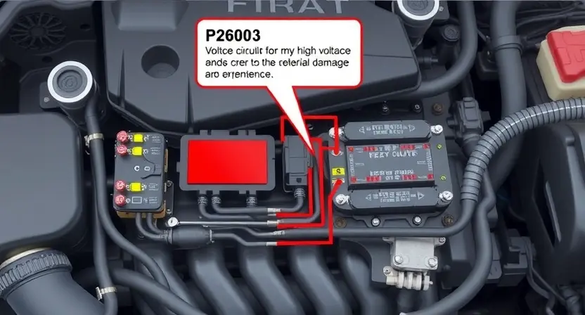 A detailed illustration of an automotive electrical control circuit with a P2603 error code highlighted. The circuit should show high voltage issues, with visual indicators of potential damage or malfunction. Include a car engine bay background for context.
