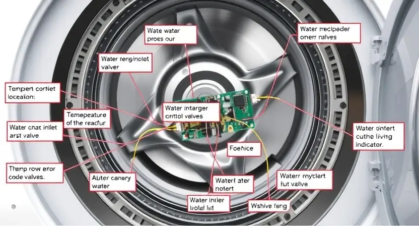 A detailed diagram illustrating the internal components of a modern washing machine, highlighting the location of the C0196 error code indicator. Focus on the electronic control board and its connections to the motor, water inlet/outlet valves, and temperature sensors. Use clear, concise labels for each component.