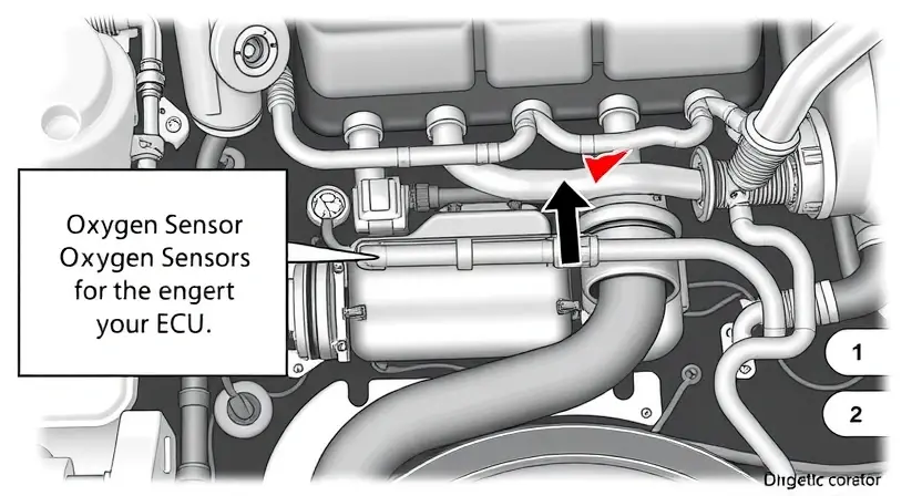 A detailed diagram of an engine control unit (ECU) with a focus on the position and wiring of the oxygen sensor. The diagram should clearly show the sensor's location within the exhaust system and its connection to the ECU. Include labels for key components like the catalytic converter, exhaust manifold, and wiring harness. The image should be clean and easy to understand, with arrows indicating the flow of exhaust gases.
