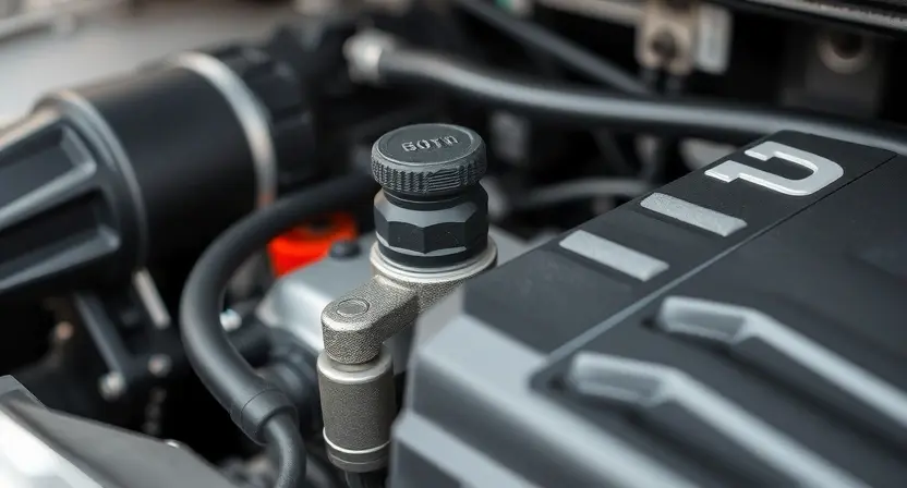 A close-up shot of a car's engine bay, focusing on the engine temperature sensor. The sensor should be clearly visible, with surrounding engine components slightly blurred. The overall lighting should be bright and clean, highlighting the sensor's details.