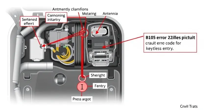A detailed illustration of a car's antenna circuit, highlighting the B2105 error code and its relation to keyless entry. Focus on the wiring, components, and potential points of failure.
